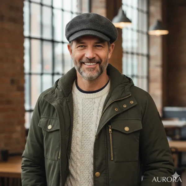 La gorra es una boina estilo newsboy, reconocida por su forma redondeada y su pequeña visera frontal. Está hecha en un tejido gris oscuro, probablemente de lana o mezcla cálida, lo que la hace ideal para el otoño e invierno. Su diseño combina un toque clásico y vintage con una apariencia moderna y versátil, perfecta para complementar atuendos casuales o urbanos. Es una prenda cómoda, ligera y fácil de combinar con chaquetas, abrigos o suéteres.