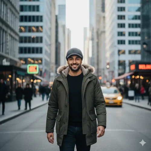 Hombre sonriente con gorra newsboy de tejido de punto gris oscuro, caminando en una calle urbana con edificios altos de fondo. La visera corta y ligeramente curvada ofrece protección contra el sol o la lluvia ligera sin perder el estilo elegante y relajado característico de este tipo de gorra