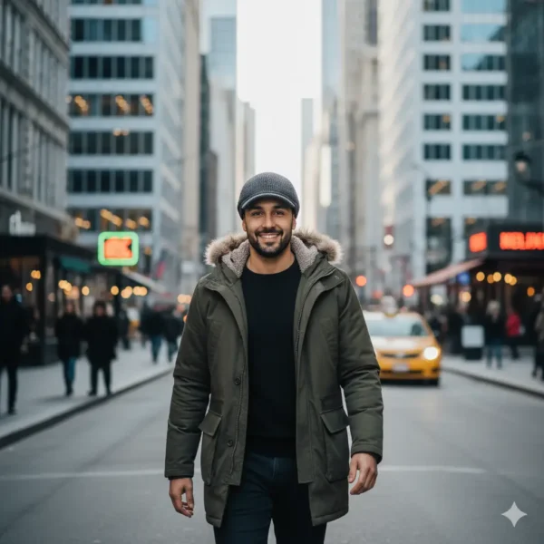 Hombre sonriente con gorra newsboy de tejido de punto gris oscuro, caminando en una calle urbana con edificios altos de fondo. La visera corta y ligeramente curvada ofrece protección contra el sol o la lluvia ligera sin perder el estilo elegante y relajado característico de este tipo de gorra