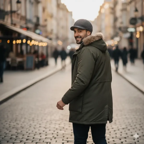 Gorra Newsboy de lana gris texturizada. Hombre sonriente usa la gorra en un look de invierno con parka en calle adoquinada.