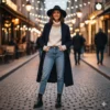 Mujer joven sonriendo en una calle adoquinada y húmeda con luces navideñas, vestida con un sombrero negro, abrigo oscuro, suéter crema, jeans y botas, con las manos en los bolsillos.