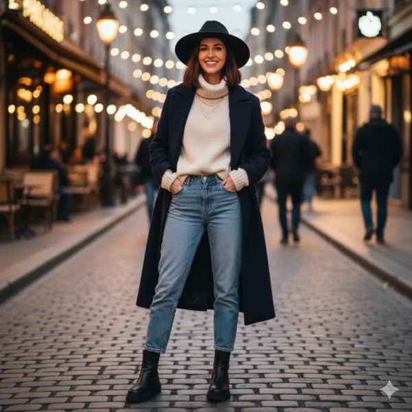Mujer joven sonriendo en una calle adoquinada y húmeda con luces navideñas, vestida con un sombrero negro, abrigo oscuro, suéter crema, jeans y botas, con las manos en los bolsillos.