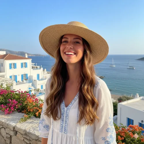Mujer sonriente con sombrero de ala ancha posando al aire libre frente a casas blancas y un mar azul, en un entorno costero y soleado.
