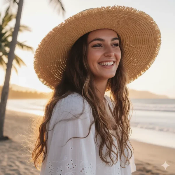 Primer plano de una mujer joven sonriendo felizmente en la playa durante la puesta de sol, llevando un sombrero de paja de ala ancha con bordes deshilachados y cabello ondulado suelto.