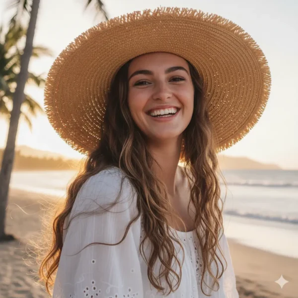 Mujer sonriendo en la playa al atardecer, usando un sombrero de ala ancha de paja con borde deshilachado.