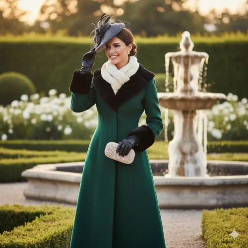 Mujer sonriendo al aire libre, vestida con abrigo verde y bufanda clara, mientras lleva un tocado gris con plumas y redecilla.