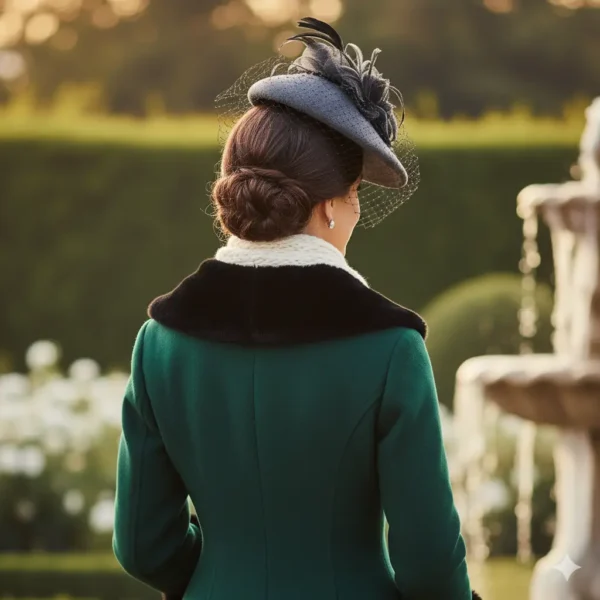 Mujer de espaldas, con un recogido de pelo bajo, al aire libre, vestida con abrigo verde y bufanda clara, mientras lleva un tocado gris con plumas y redecilla.