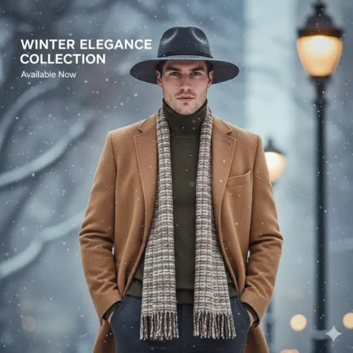 Hombre en un paisaje nevado, llevando un sombrero de fieltro gris oscuro de ala ancha, abrigo color camello, jersey de cuello alto verde oliva y bufanda estampada.