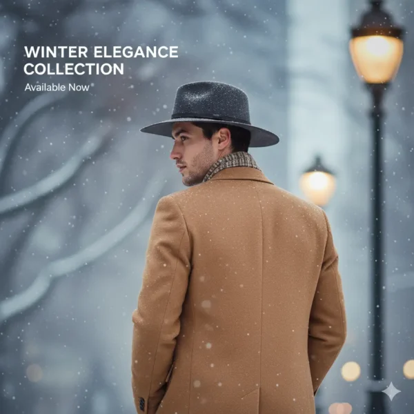 Hombre de espaldas en una calle nevada, mirando hacia la izquierda. Lleva un sombrero fedora gris de fieltro, una bufanda de patrón discreto y un elegante abrigo largo color camello.