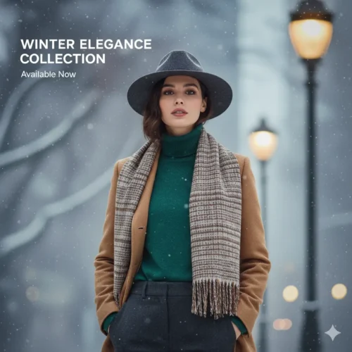 Mujer posando con sombrero fedora gris, cuello de tortuga verde y abrigo camel en una calle nevada.