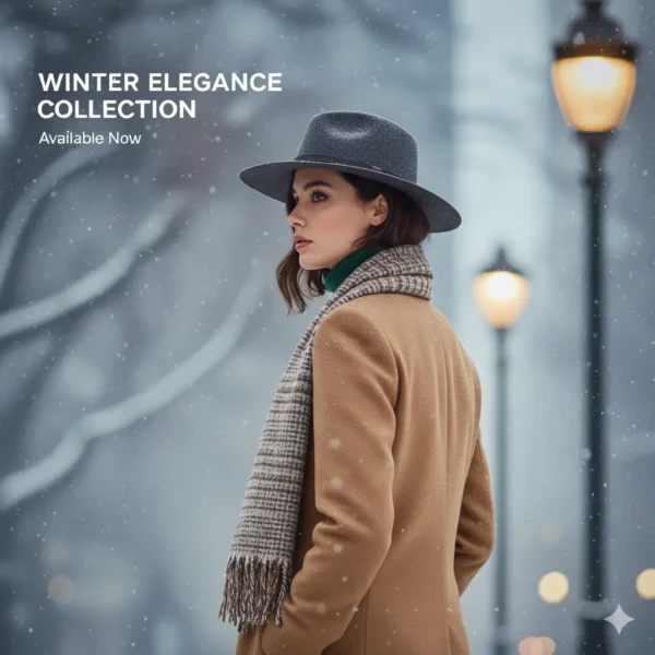 Mujer con sombrero fedora gris y abrigo camel en un día de nieve, mirando a un lado.