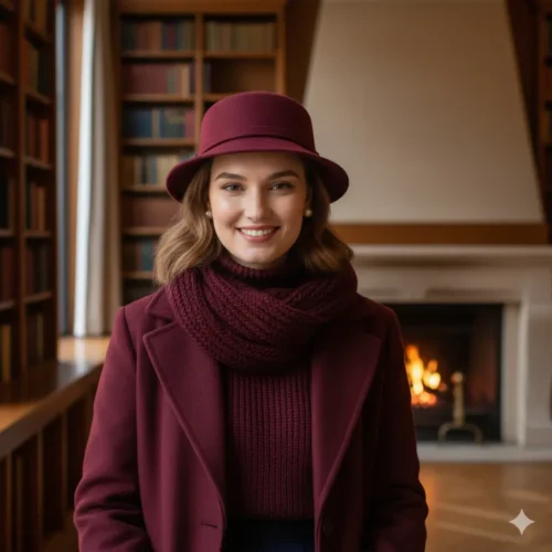 Mujer joven sonriente con cabello ondulado, vistiendo un sombrero cloche o bucket color borgoña a juego con un abrigo, un suéter de punto y una bufanda gruesa. Detrás de ella hay una chimenea encendida y estanterías llenas de libros.