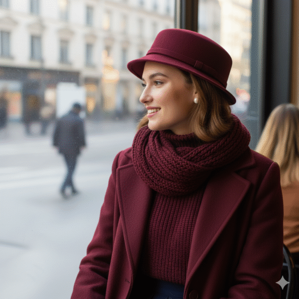 Mujer con un sombrero cloche borgoña y un abrigo y bufanda a juego, mirando por la ventana de un café. Lleva pendientes de perlas y sonríe.