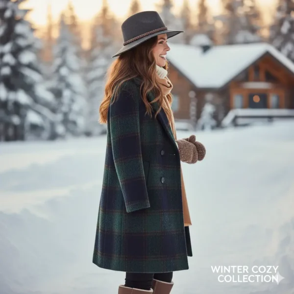 Mujer sonriente de perfil caminando por un sendero nevado, con una cabaña de madera rústica y árboles cubiertos de nieve al fondo. Viste un abrigo largo de cuadros escoceses en tonos verde y azul, un sombrero de fieltro gris oscuro, bufanda beige y guantes de punto marrón.