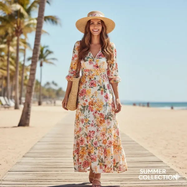 Sombrero de paja de ala ancha con cinta decorativa, llevado por una mujer que camina en la playa con un vestido largo floral y un bolso de mimbre.