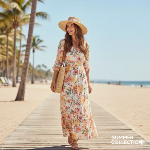Sombrero de paja de ala ancha con cinta color crema, llevado por una mujer que camina en una pasarela de madera en la playa, bajo el sol.