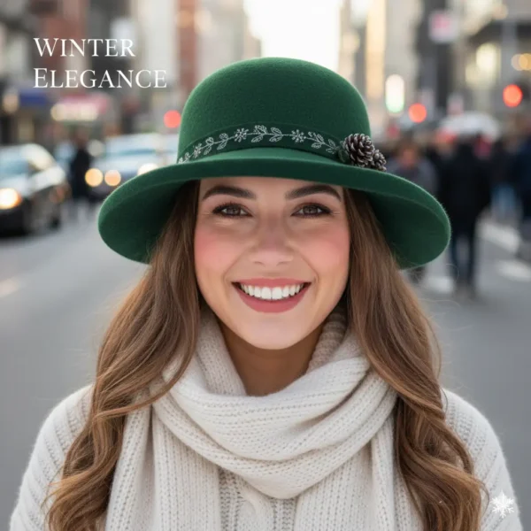 Una mujer joven y sonriente con un sombrero de fieltro verde oscuro, un suéter de punto color crema y una bufanda a juego. Está parada en una calle de la ciudad con autos y peatones borrosos al fondo. El sombrero tiene un adorno de hojas y una pequeña piña. El texto superpuesto en la esquina superior izquierda dice "WINTER ELEGANCE" y un pequeño copo de nieve está en la esquina inferior derecha.