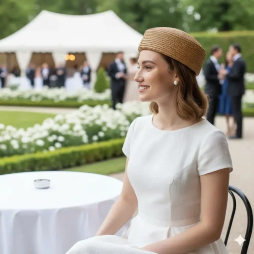 Mujer sentada en un evento al aire libre, con un vestido blanco y un tocado cilíndrico color miel.