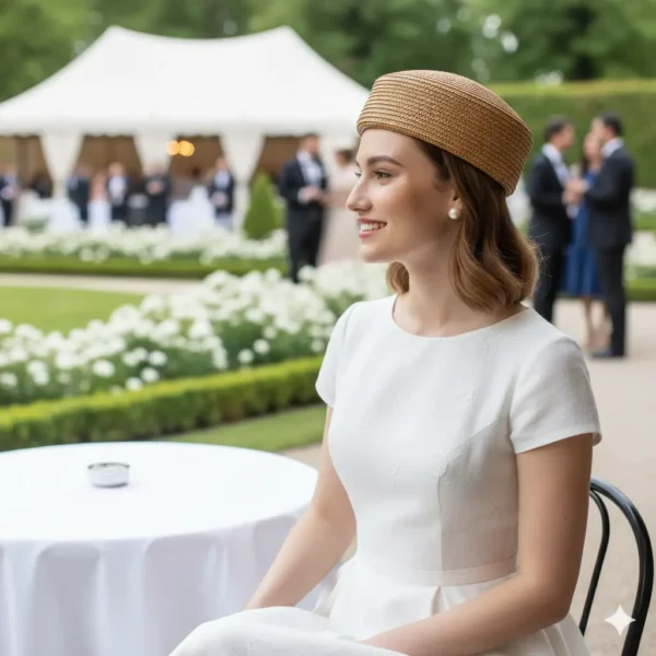 Mujer sentada en un evento al aire libre, con un vestido blanco y un tocado cilíndrico color miel.