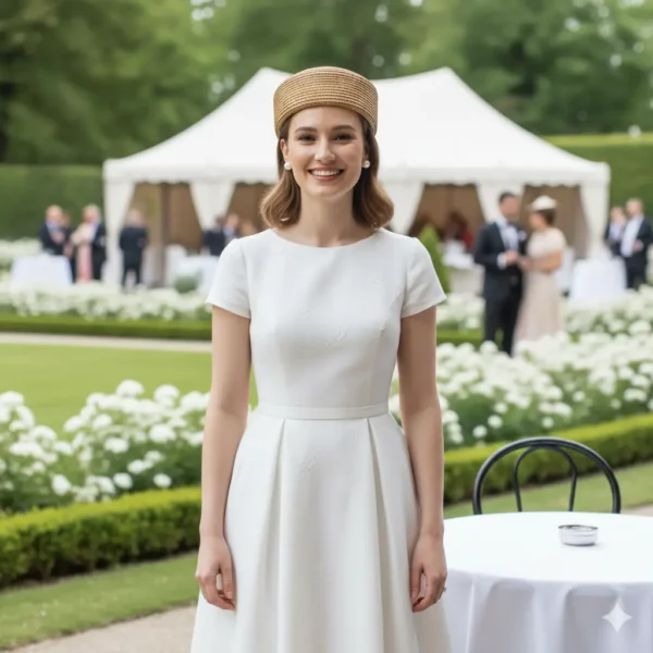 Mujer de pie en un jardín durante un evento al aire libre, con un vestido blanco y un tocado cilíndrico color miel.