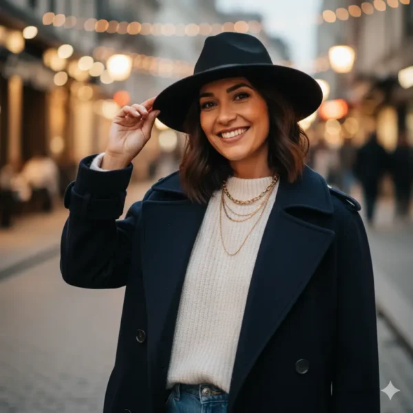 Mujer sonriente en una calle adoquinada con luces colgantes, vestida con un sombrero fedora negro, un abrigo largo azul oscuro, jersey de cuello alto color crema y vaqueros azules claros