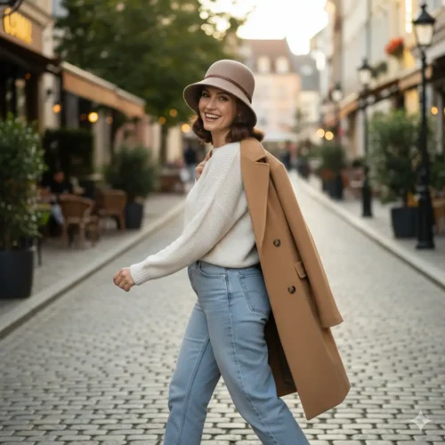Mujer sonriente caminando en una calle adoquinada con tiendas, llevando un sombrero cloche o bucket color topo, un suéter crema y un abrigo camel sobre el hombro.