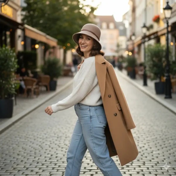 Mujer sonriente caminando en una calle adoquinada con tiendas, llevando un sombrero cloche o bucket color topo, un suéter crema y un abrigo camel sobre el hombro.