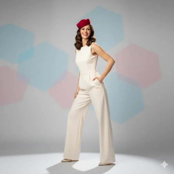 Primer plano de una mujer sonriente con un sombrero casquete de fieltro rojo intenso sobre su cabello castaño y ondulado, y un vestido crema. El fondo tiene un patrón geométrico suave en tonos pastel.