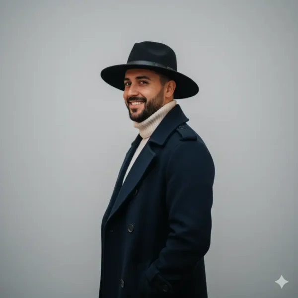 Sombrero fedora negro de ala ancha sobre la cabeza de un hombre que lleva una combinación de suéter de cuello alto color crema y un abrigo de lana azul oscuro