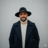 Sombrero fedora negro de ala ancha sobre la cabeza de un hombre que sonríe, vestido con un jersey de cuello alto color crema y un abrigo azul marino