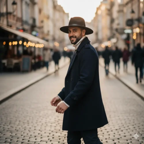 Hombre sonriente con barba y cuello alto crema, que lleva un elegante abrigo azul marino de doble botonadura y un sombrero fedora negro de ala ancha.