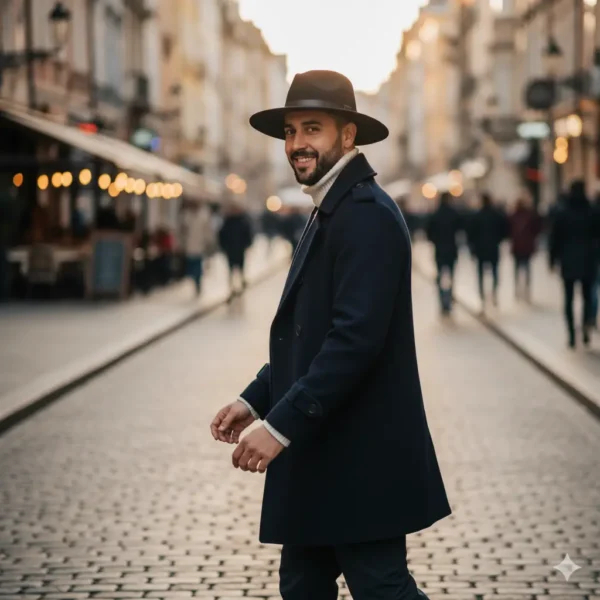 Hombre sonriente con barba y cuello alto crema, que lleva un elegante abrigo azul marino de doble botonadura y un sombrero fedora negro de ala ancha.